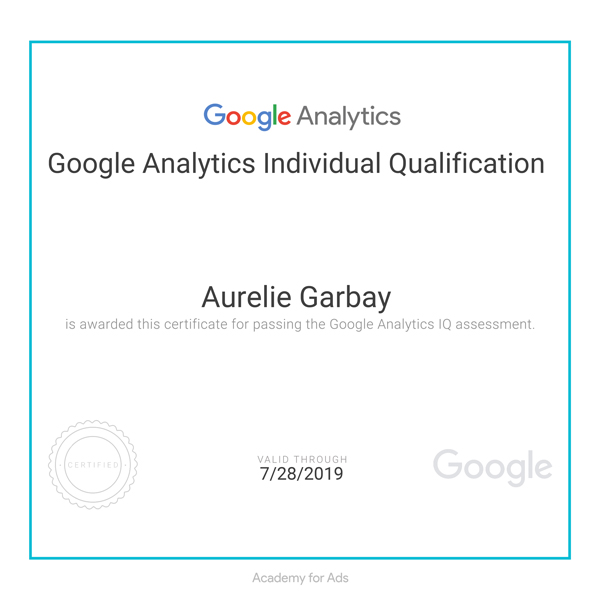 Certificat Google Academy délivré à Aurélie Garbay-Douziech, fondatrice de l'Agence Iltze