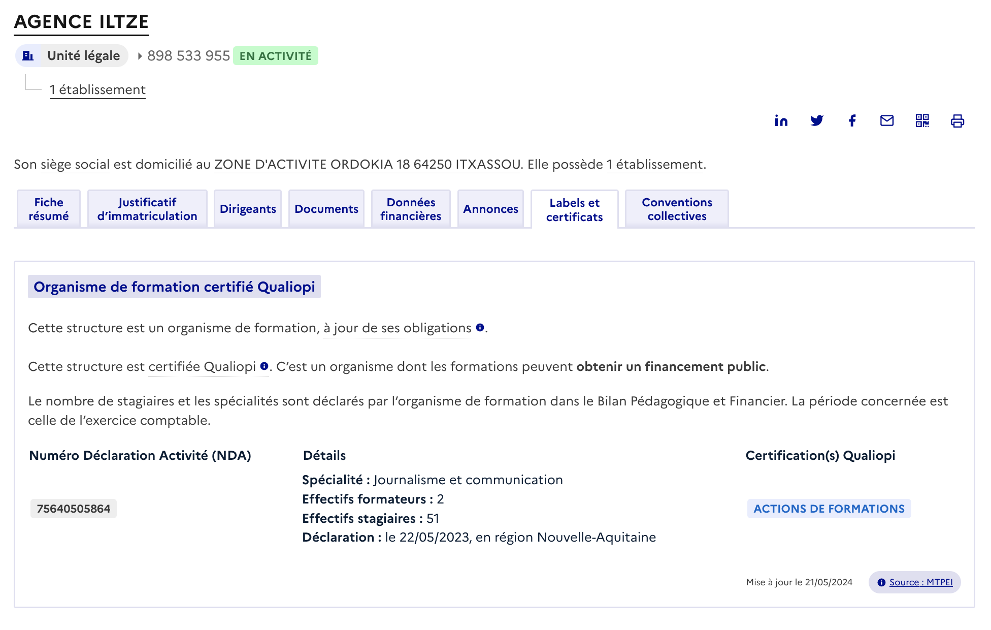 Capture d'écran de la fiche organisme de formation de l'agence Iltze